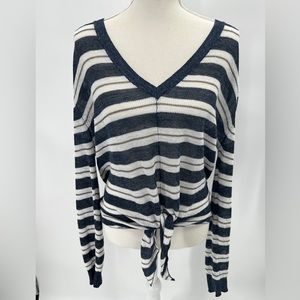 Veronica Beard Striped V-neck Cardigan Sweater | Tie Hem | Linen Blend | Large